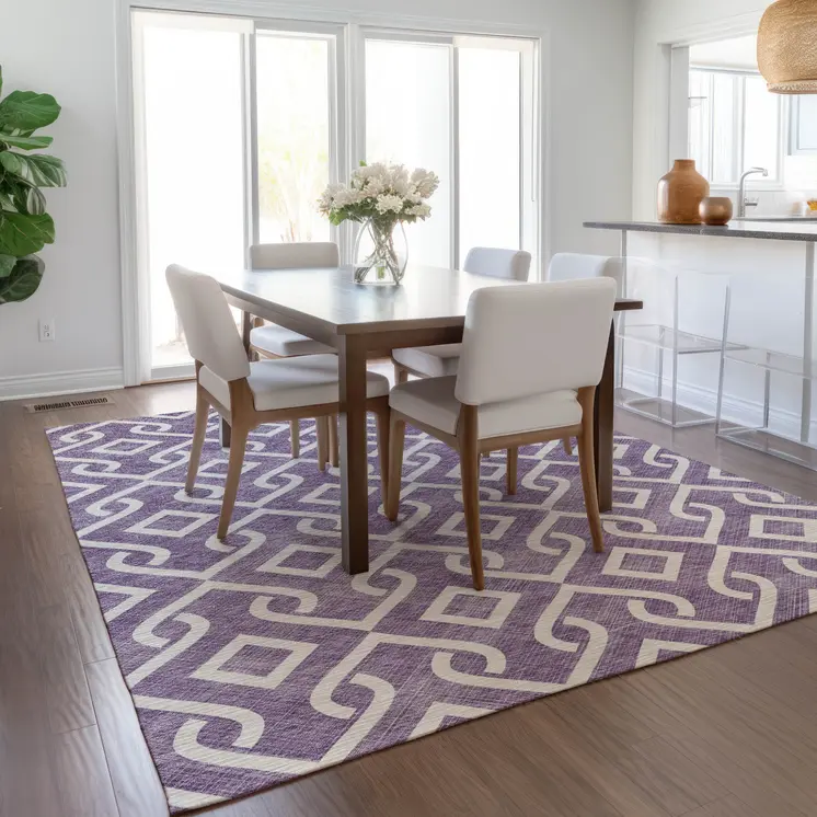 8' X 10' Purple And Ivory Geometric Washable Indoor Outdoor Area Rug