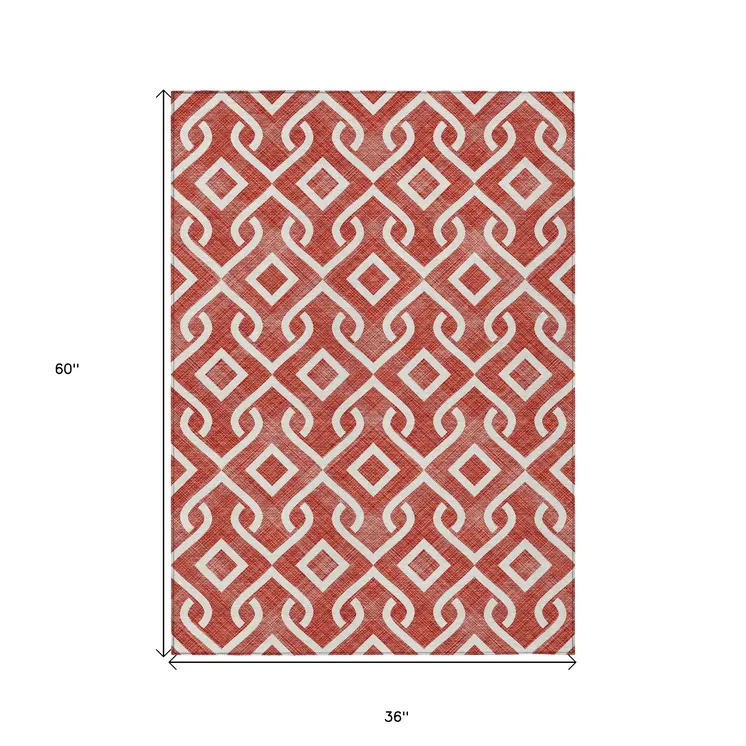 3' X 5' Red And Ivory Geometric Washable Indoor Outdoor Area Rug
