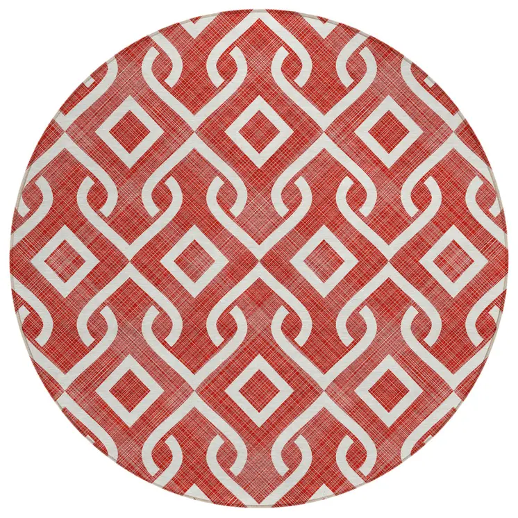 8' Red And Ivory Round Geometric Washable Indoor Outdoor Area Rug