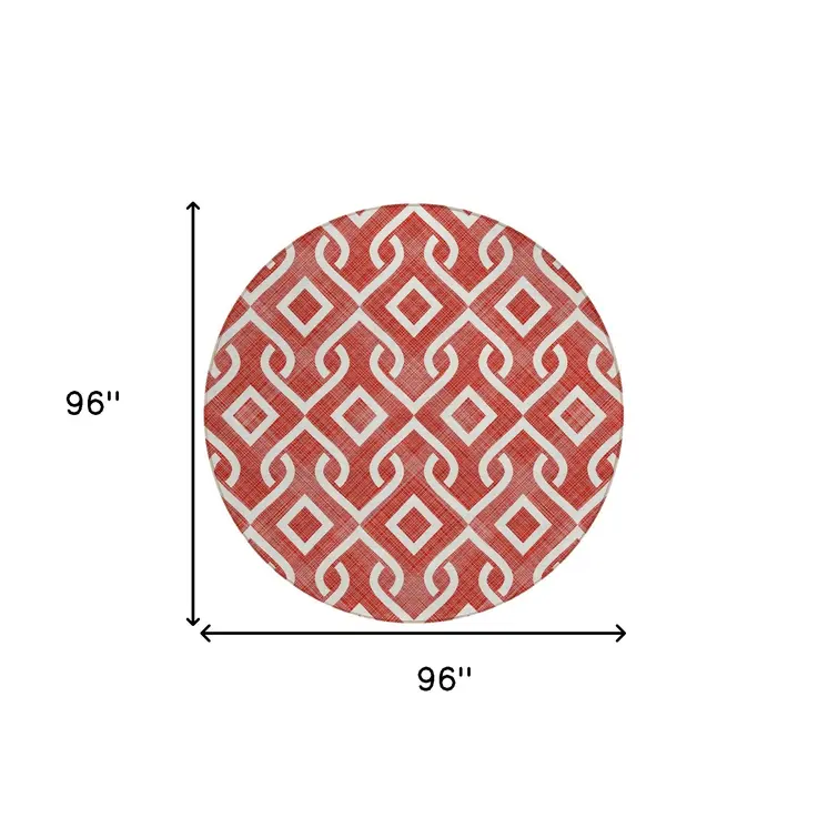 8' Red And Ivory Round Geometric Washable Indoor Outdoor Area Rug