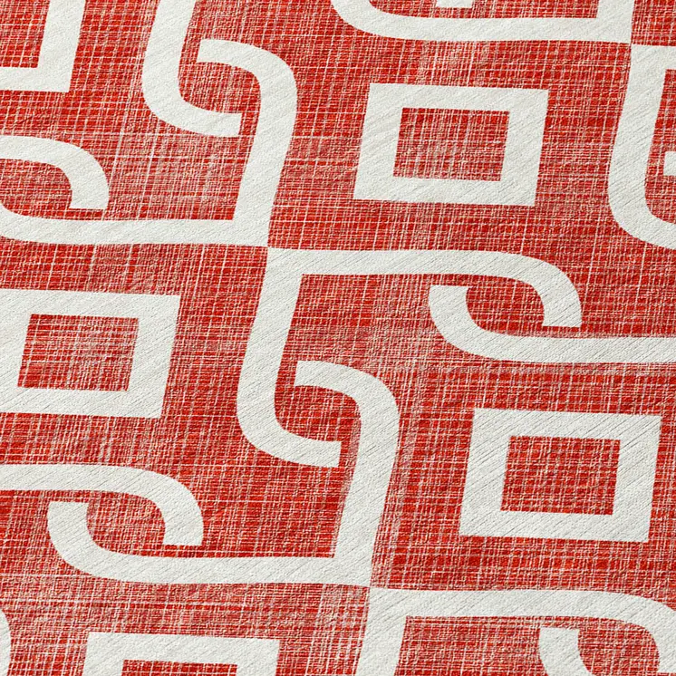 8' Red And Ivory Round Geometric Washable Indoor Outdoor Area Rug
