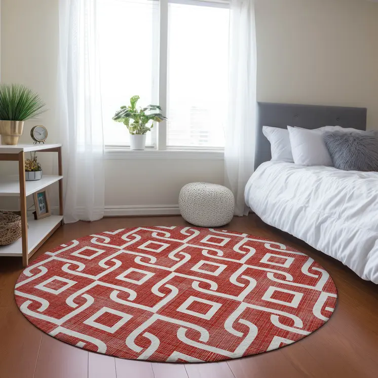 8' Red And Ivory Round Geometric Washable Indoor Outdoor Area Rug