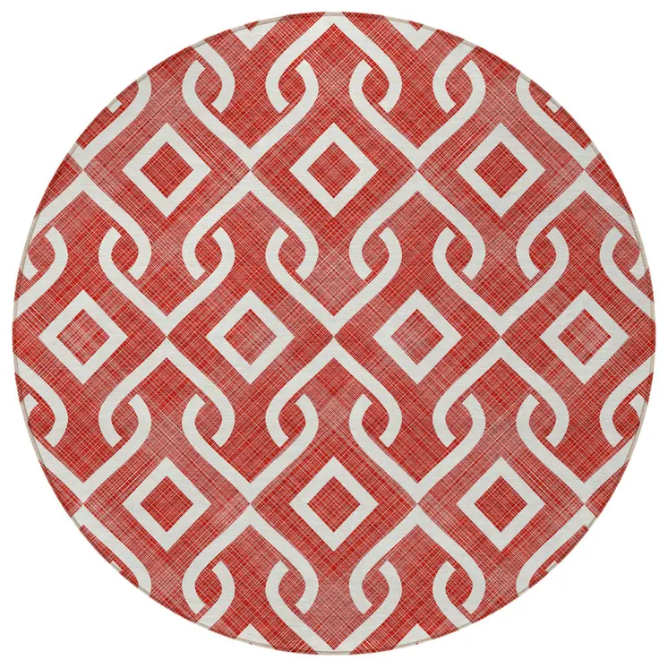 8' Red And Ivory Round Geometric Washable Indoor Outdoor Area Rug