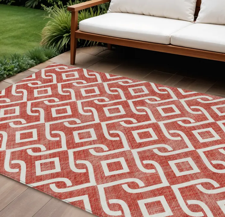 8' X 10' Red And Ivory Geometric Washable Indoor Outdoor Area Rug