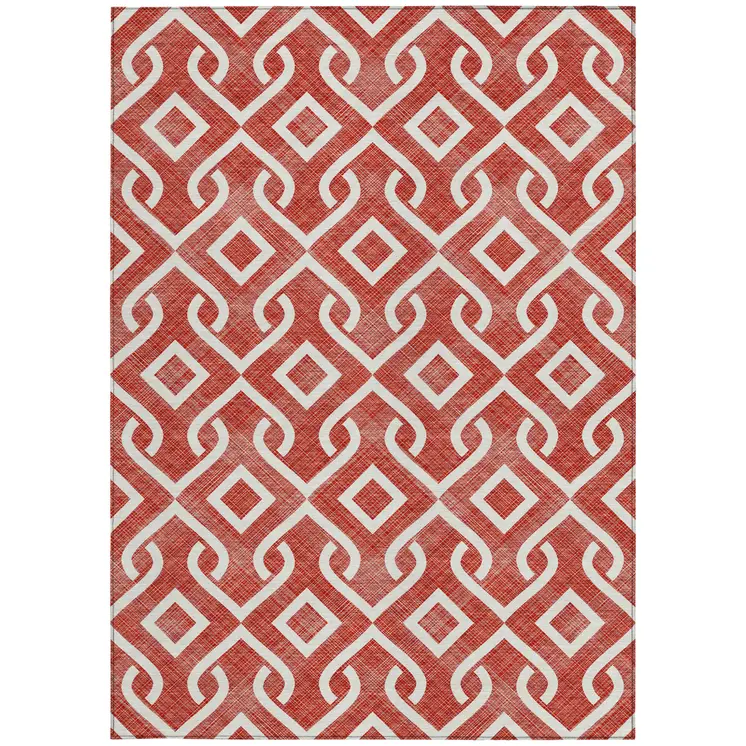 10' X 14' Red And Ivory Geometric Washable Indoor Outdoor Area Rug