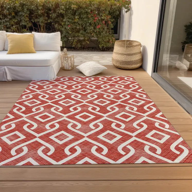 10' X 14' Red And Ivory Geometric Washable Indoor Outdoor Area Rug
