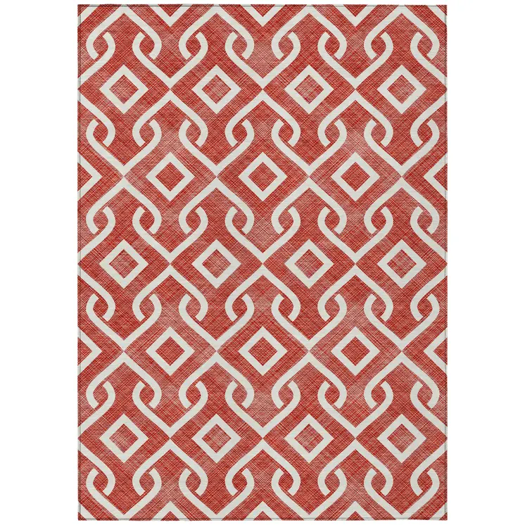 10' X 14' Red And Ivory Geometric Washable Indoor Outdoor Area Rug