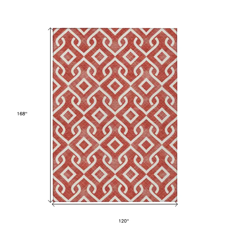 10' X 14' Red And Ivory Geometric Washable Indoor Outdoor Area Rug