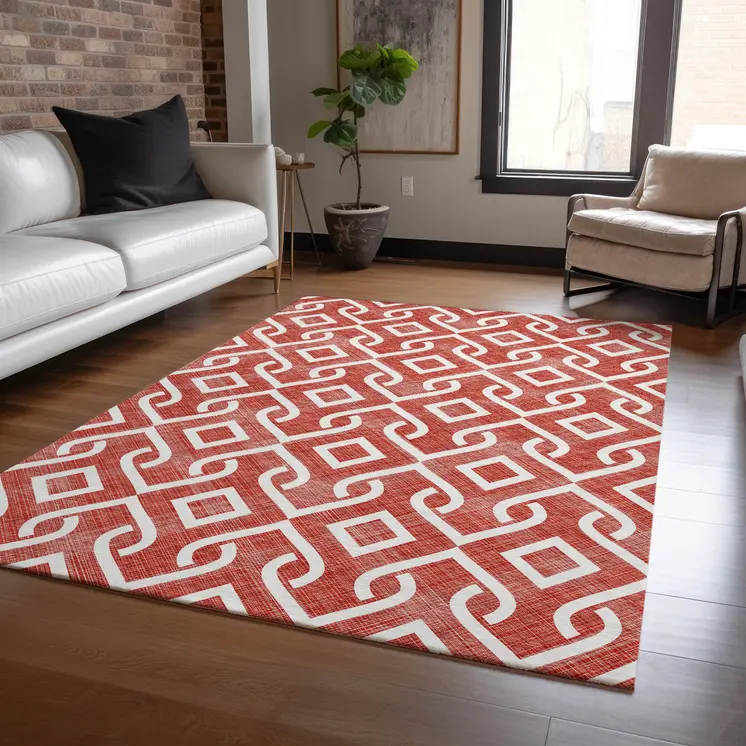 10' X 14' Red And Ivory Geometric Washable Indoor Outdoor Area Rug