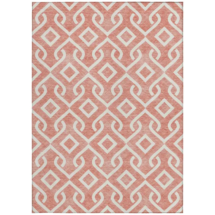 3' X 5' Salmon And Ivory Geometric Washable Indoor Outdoor Area Rug