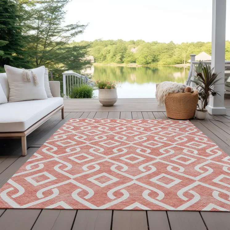 5' X 8' Salmon And Ivory Geometric Washable Indoor Outdoor Area Rug