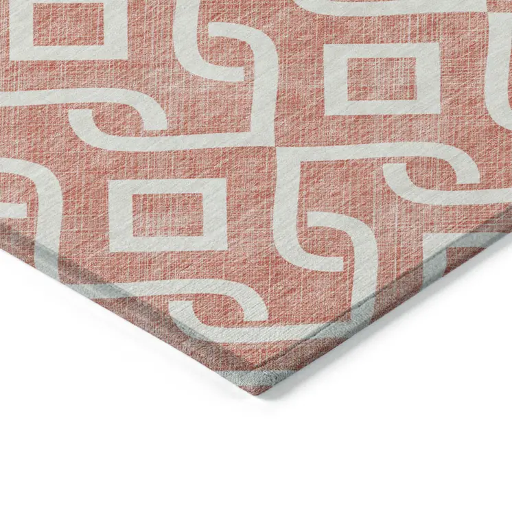 5' X 8' Salmon And Ivory Geometric Washable Indoor Outdoor Area Rug