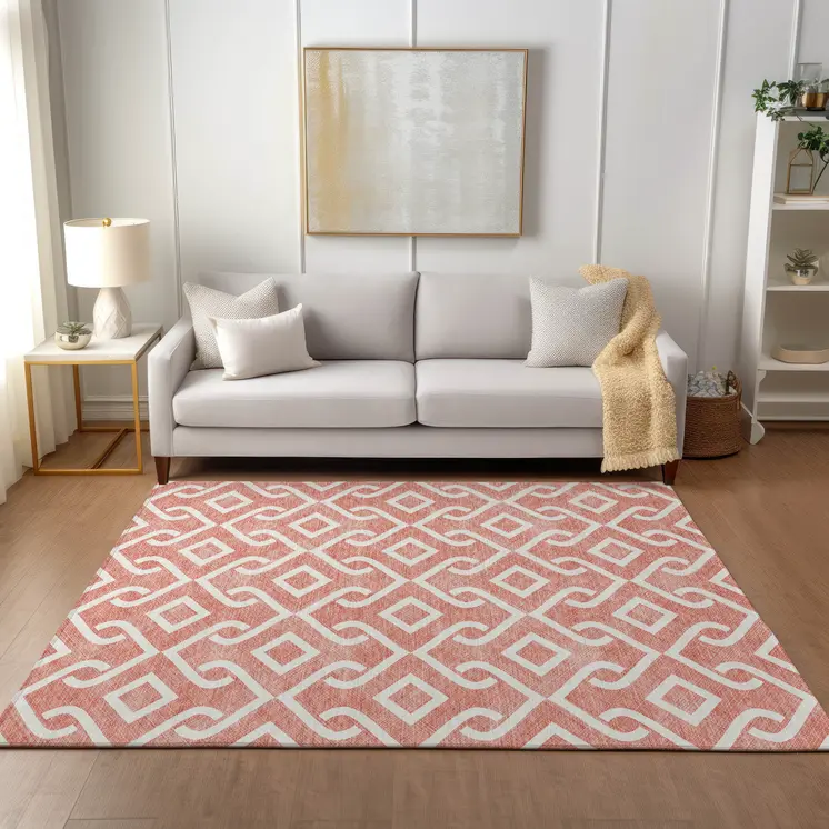 5' X 8' Salmon And Ivory Geometric Washable Indoor Outdoor Area Rug