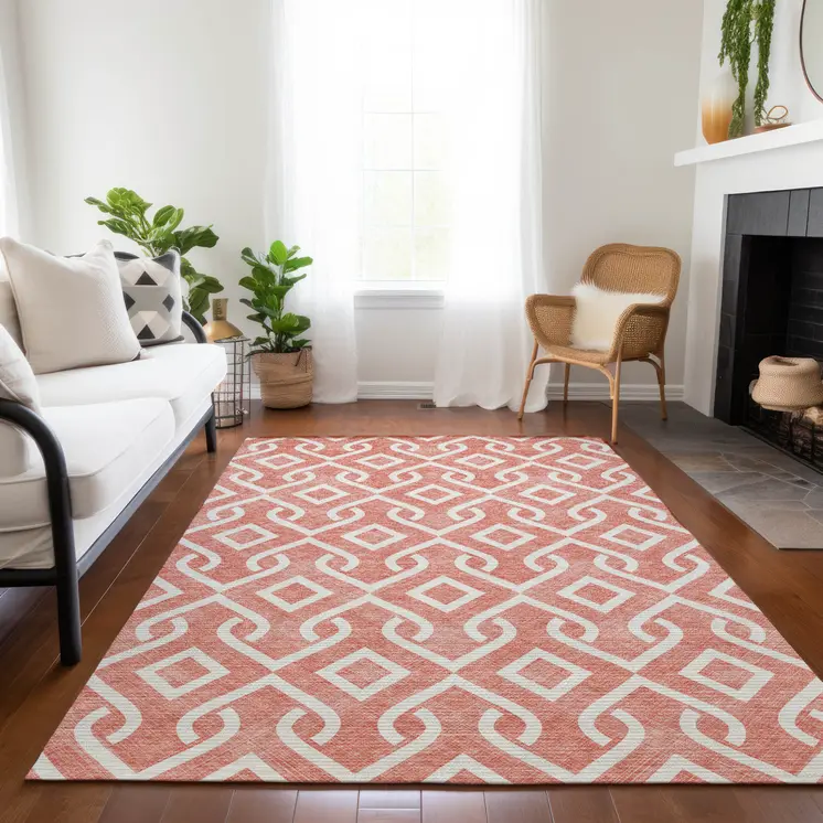 5' X 8' Salmon And Ivory Geometric Washable Indoor Outdoor Area Rug