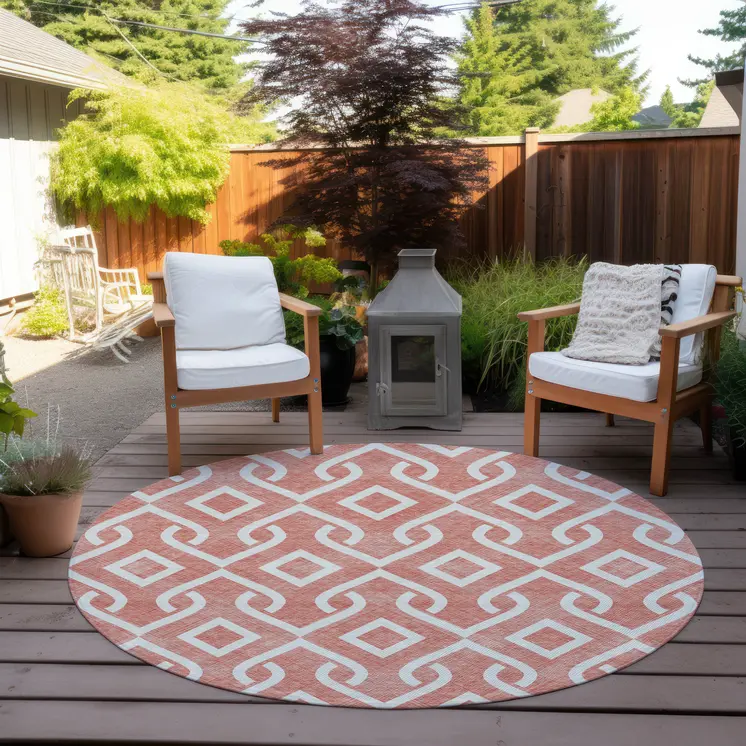 8' Salmon And Ivory Round Geometric Washable Indoor Outdoor Area Rug