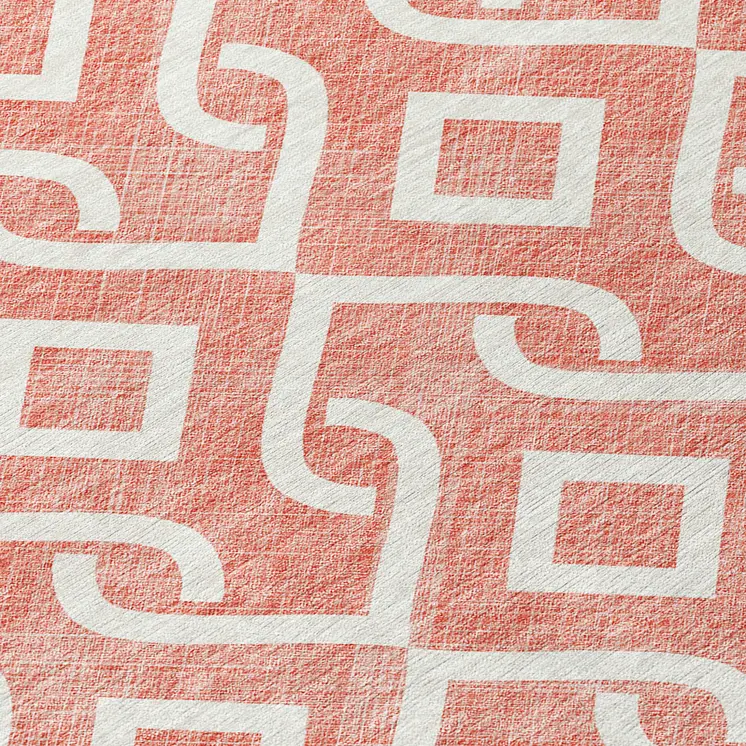 8' Salmon And Ivory Round Geometric Washable Indoor Outdoor Area Rug