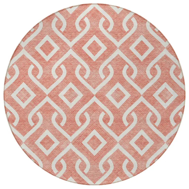 8' Salmon And Ivory Round Geometric Washable Indoor Outdoor Area Rug