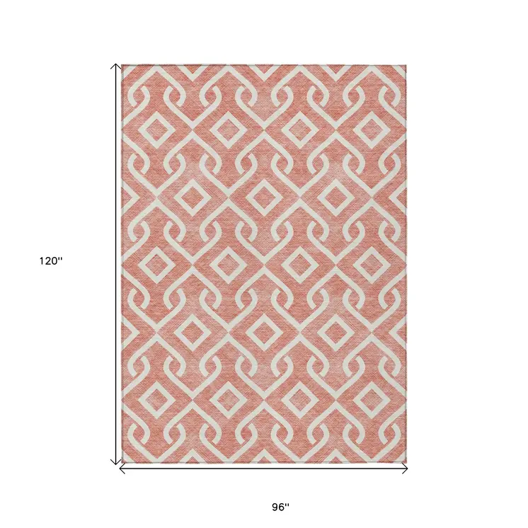 8' X 10' Salmon And Ivory Geometric Washable Indoor Outdoor Area Rug