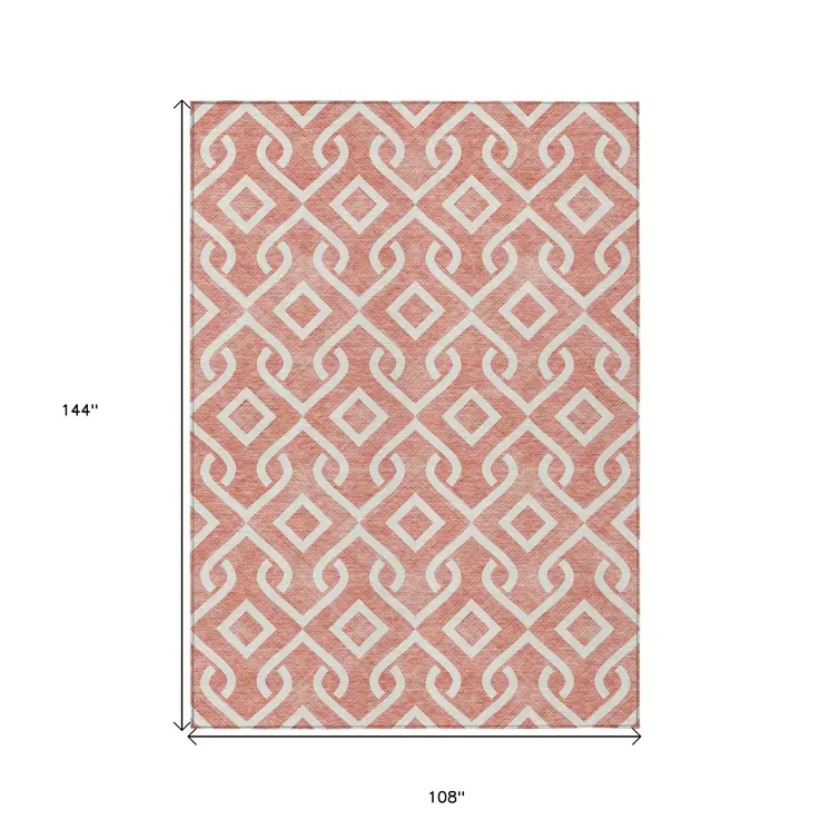 9' X 12' Salmon And Ivory Geometric Washable Indoor Outdoor Area Rug