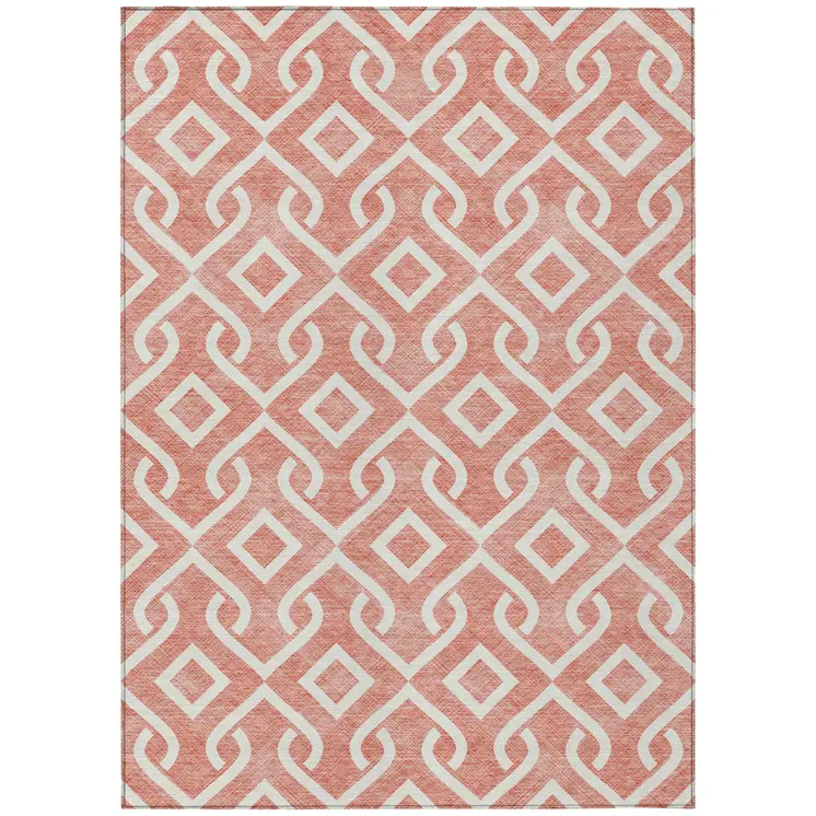 10' X 14' Salmon And Ivory Geometric Washable Indoor Outdoor Area Rug