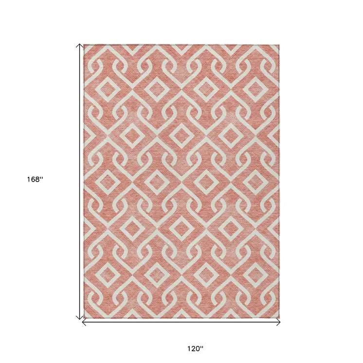 10' X 14' Salmon And Ivory Geometric Washable Indoor Outdoor Area Rug