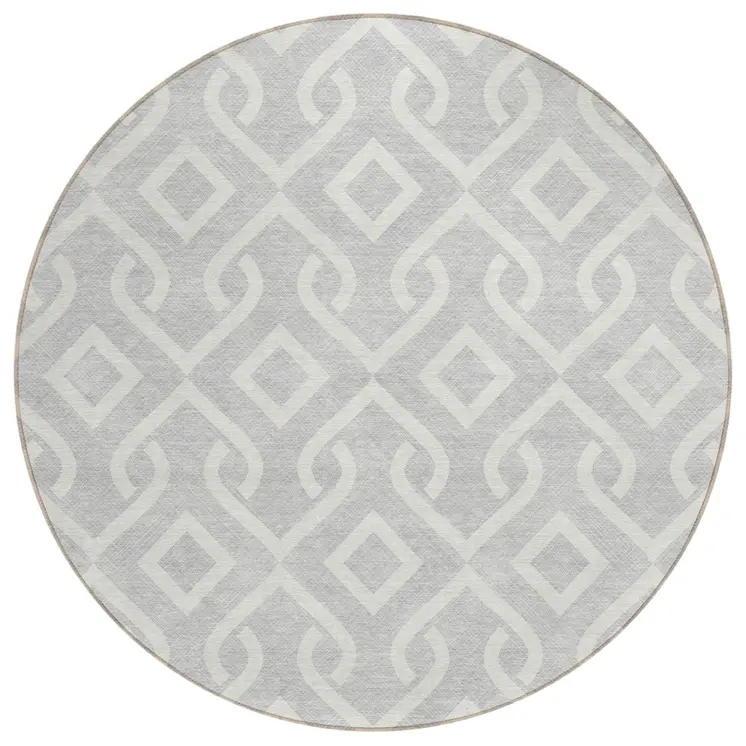 8' Silver And Ivory Round Geometric Washable Indoor Outdoor Area Rug