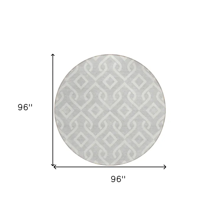 8' Silver And Ivory Round Geometric Washable Indoor Outdoor Area Rug