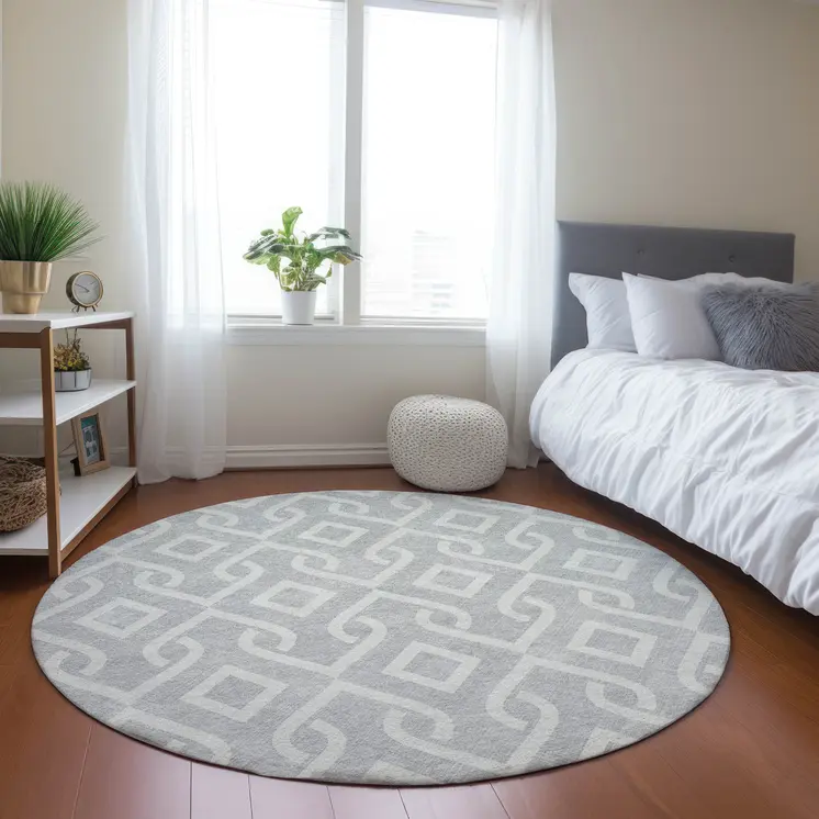 8' Silver And Ivory Round Geometric Washable Indoor Outdoor Area Rug