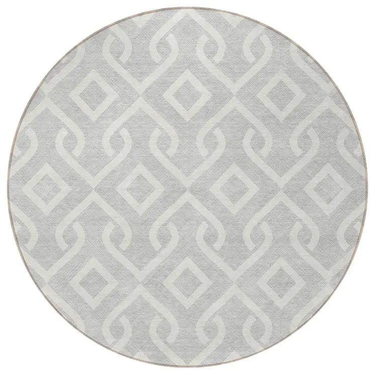 8' Silver And Ivory Round Geometric Washable Indoor Outdoor Area Rug