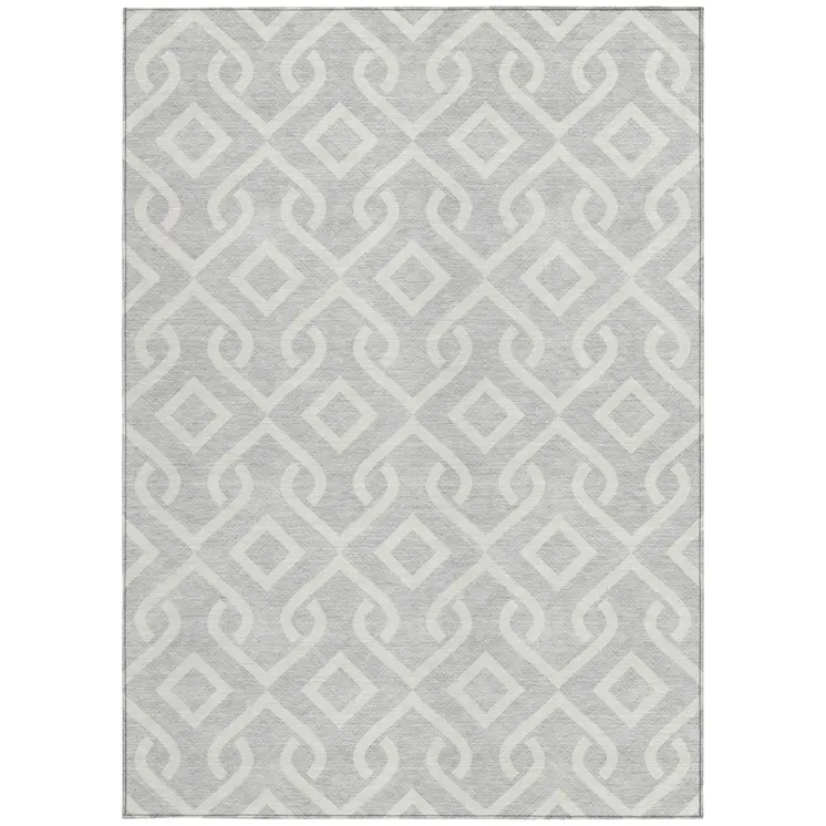 8' X 10' Silver And Ivory Geometric Washable Indoor Outdoor Area Rug