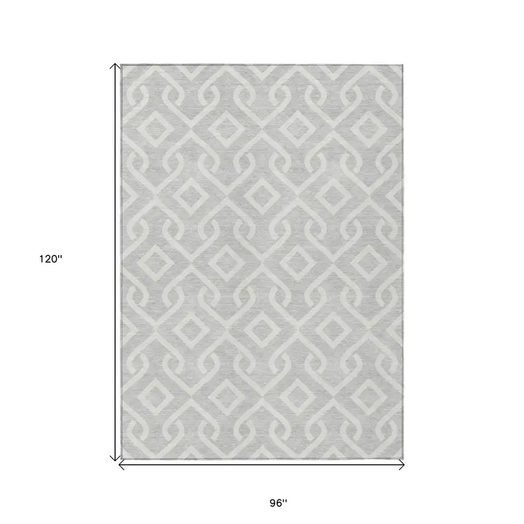 8' X 10' Silver And Ivory Geometric Washable Indoor Outdoor Area Rug