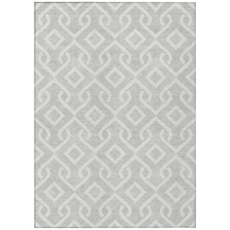 10' X 14' Silver And Ivory Geometric Washable Indoor Outdoor Area Rug