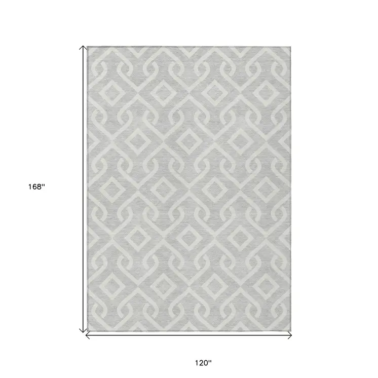 10' X 14' Silver And Ivory Geometric Washable Indoor Outdoor Area Rug