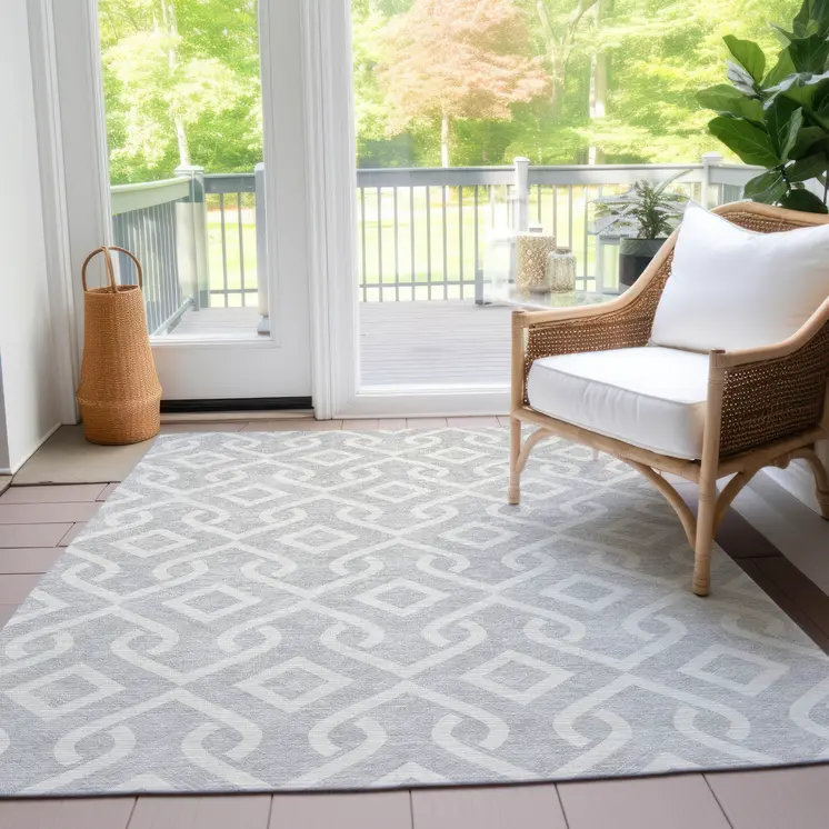 10' X 14' Silver And Ivory Geometric Washable Indoor Outdoor Area Rug