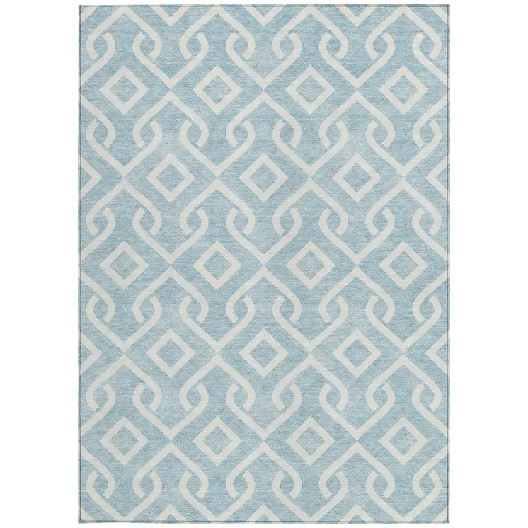 5' X 8' Sky Blue And Ivory Geometric Washable Indoor Outdoor Area Rug