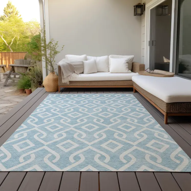 5' X 8' Sky Blue And Ivory Geometric Washable Indoor Outdoor Area Rug