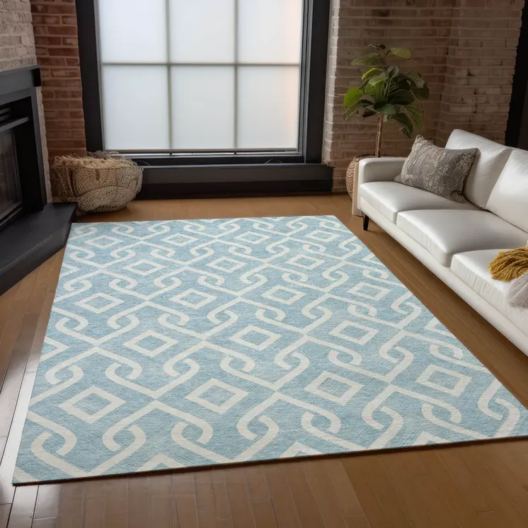 5' X 8' Sky Blue And Ivory Geometric Washable Indoor Outdoor Area Rug