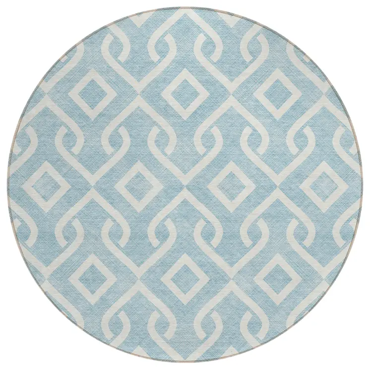 8' Sky Blue And Ivory Round Geometric Washable Indoor Outdoor Area Rug