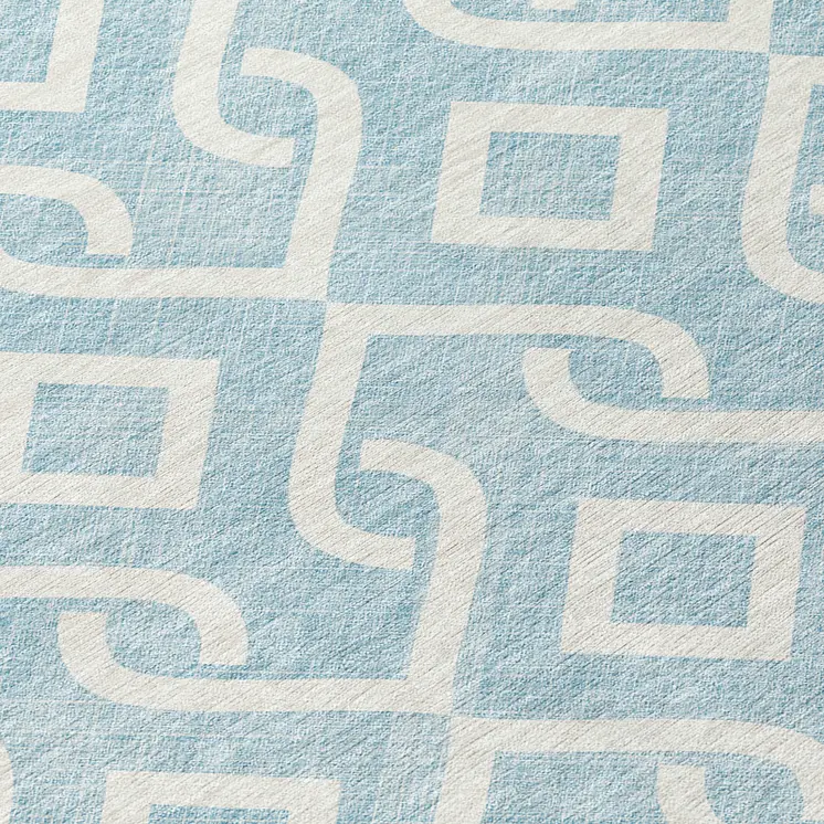 8' Sky Blue And Ivory Round Geometric Washable Indoor Outdoor Area Rug