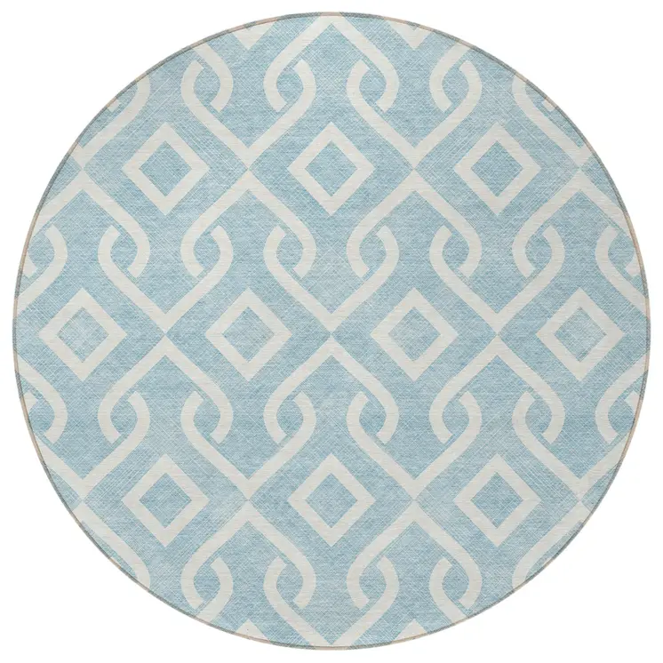 8' Sky Blue And Ivory Round Geometric Washable Indoor Outdoor Area Rug
