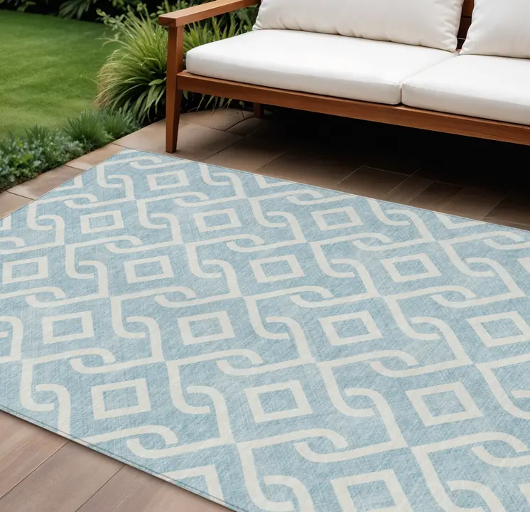 10' X 14' Sky Blue And Ivory Geometric Washable Indoor Outdoor Area Rug