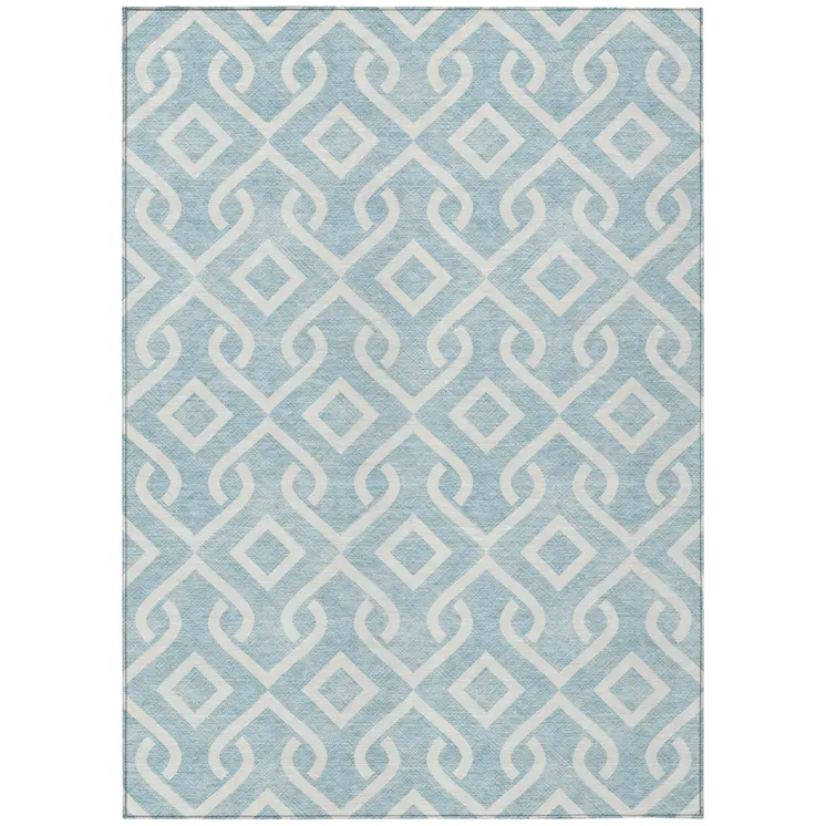 10' X 14' Sky Blue And Ivory Geometric Washable Indoor Outdoor Area Rug