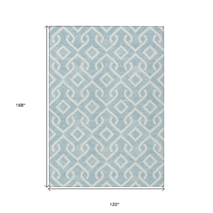 10' X 14' Sky Blue And Ivory Geometric Washable Indoor Outdoor Area Rug