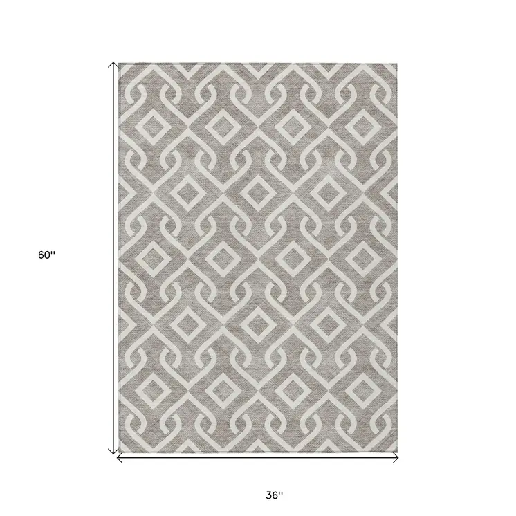 3' X 5' Taupe And Ivory Geometric Washable Indoor Outdoor Area Rug