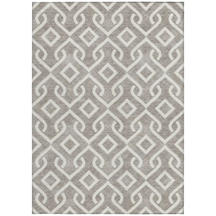 5' X 8' Taupe And Ivory Geometric Washable Indoor Outdoor Area Rug