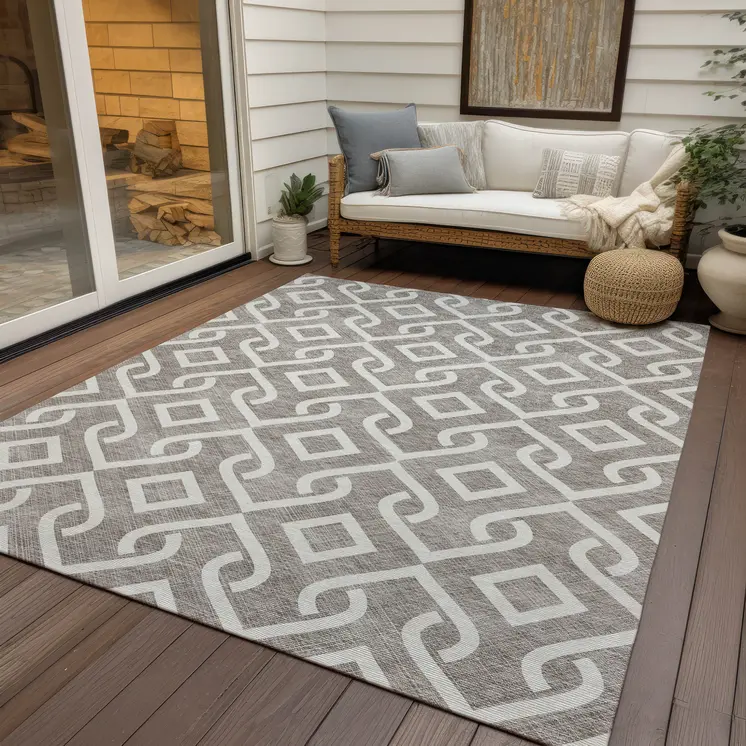 5' X 8' Taupe And Ivory Geometric Washable Indoor Outdoor Area Rug