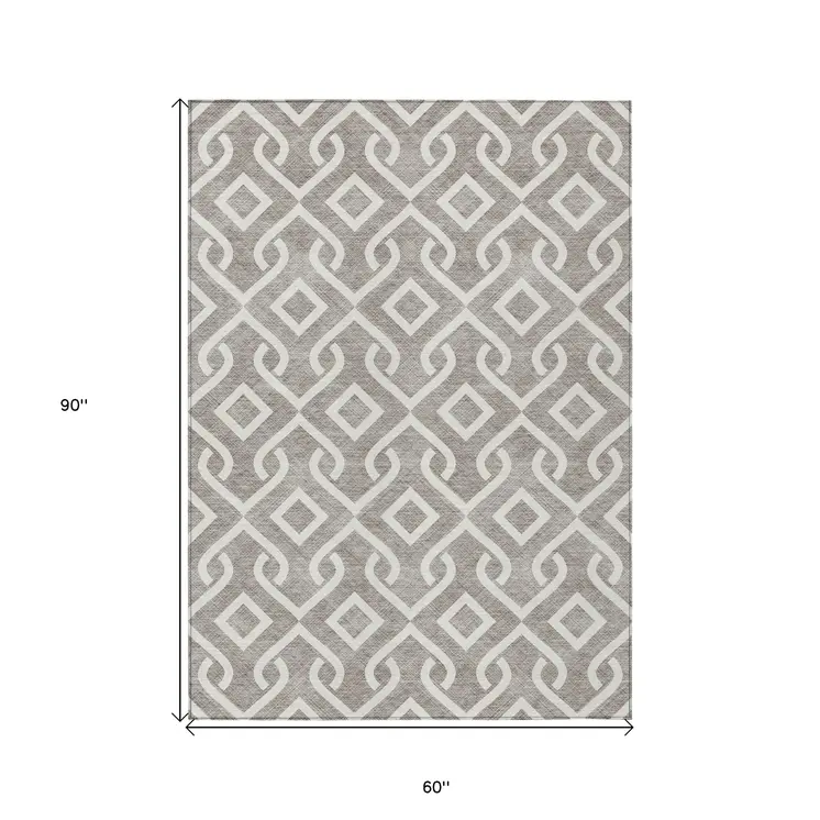 5' X 8' Taupe And Ivory Geometric Washable Indoor Outdoor Area Rug