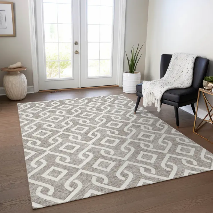 5' X 8' Taupe And Ivory Geometric Washable Indoor Outdoor Area Rug