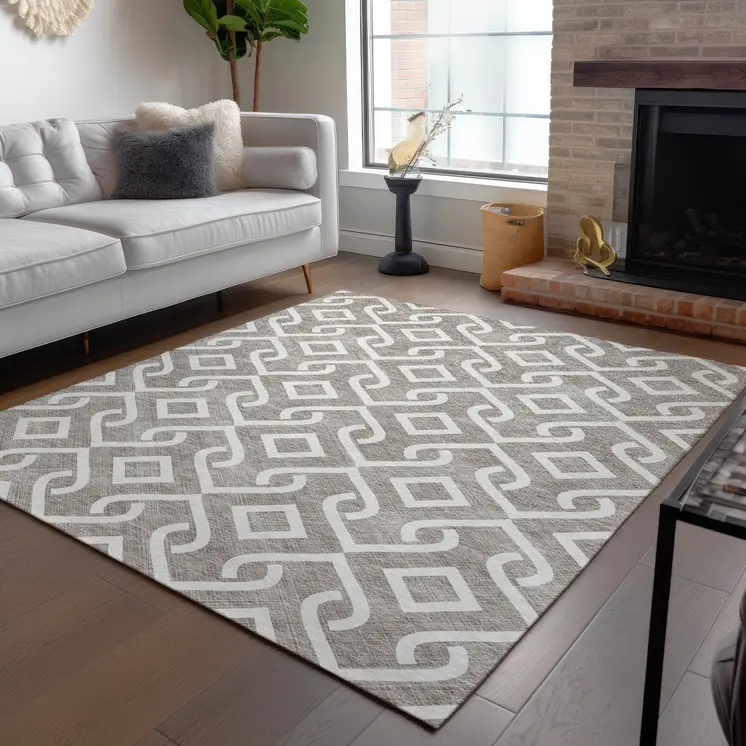 5' X 8' Taupe And Ivory Geometric Washable Indoor Outdoor Area Rug