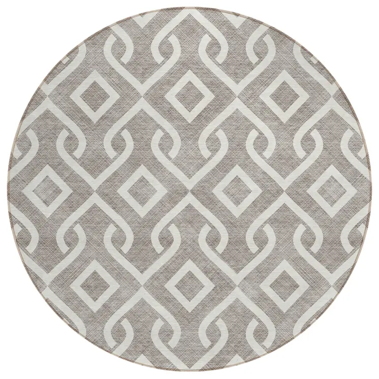 8' Taupe And Ivory Round Geometric Washable Indoor Outdoor Area Rug